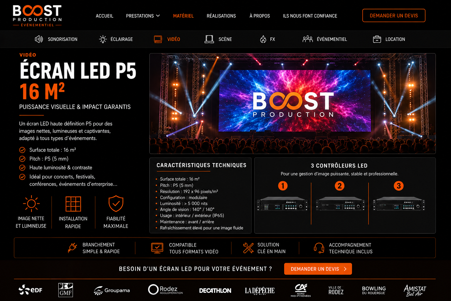 Écran LED P5 de 16 m² avec 3 contrôleurs LED
